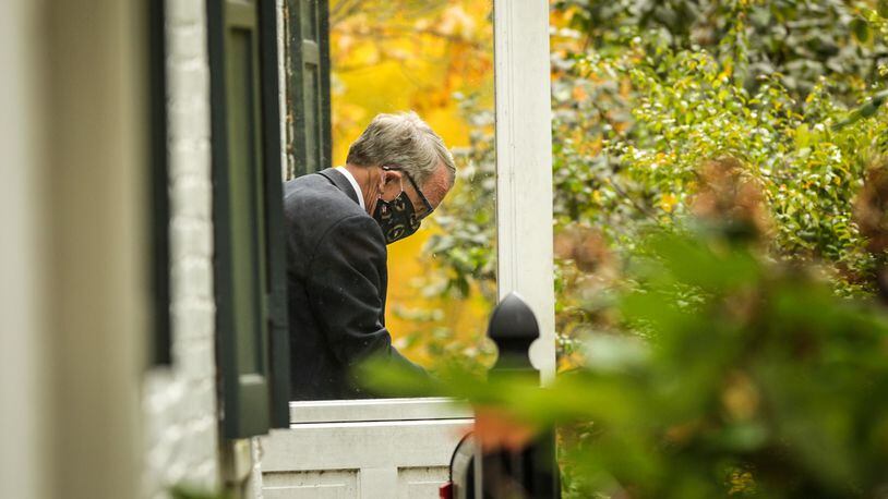 Ohio Gov. Mike DeWine talks to the press Friday October 9, 2020 at the Patterson Homestead on Brown St. in Dayton. DeWine traveled around Ohio on Friday because he was worried about the recent COVID-19 up tick. JIM NOELKER/STAFF