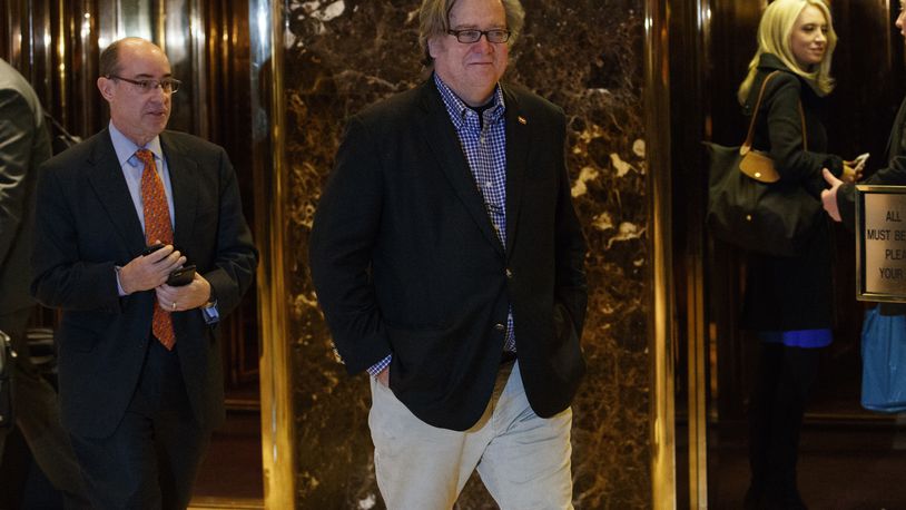 Steve Bannon, campaign CEO for President-elect Donald Trump, leaves Trump Tower, Friday, Nov. 11, 2016, in New York. (AP Photo/ Evan Vucci)