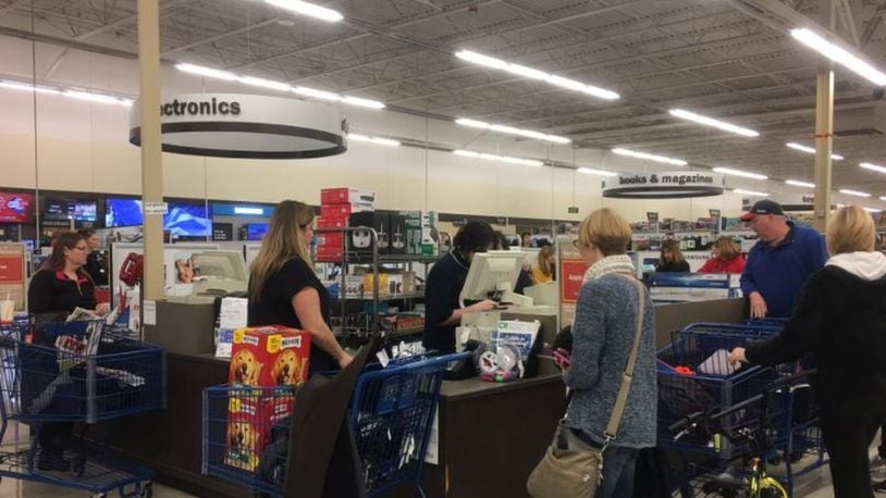 Customers stand in line at Meijer on Thanksgiving. KARA DRISCOLL/STAFF