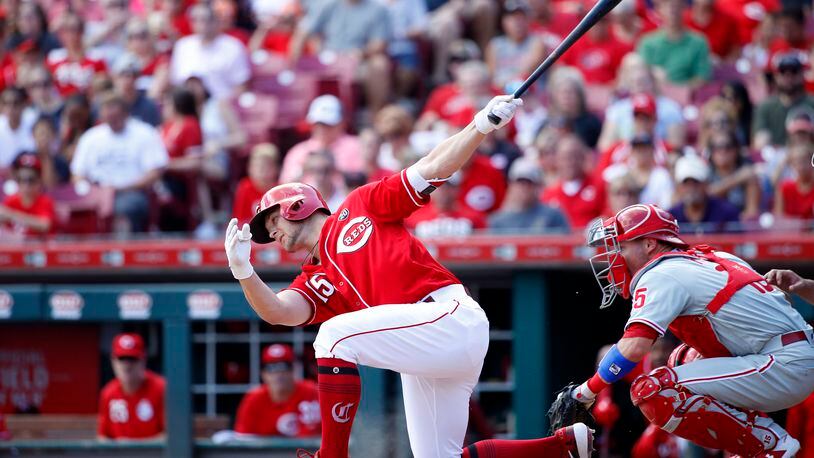 CINCINNATI, OH - SEPTEMBER 02: Nick Senzel #15 of the Cincinnati Reds reacts after striking out in the third inning against the Philadelphia Phillies at Great American Ball Park on September 2, 2019 in Cincinnati, Ohio. (Photo by Joe Robbins/Getty Images)