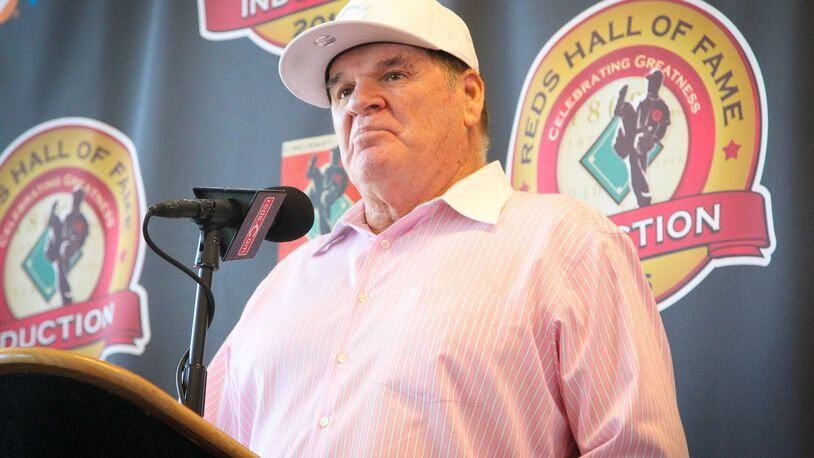 Cincinnati Reds great Pete Rose talks about being inducted to the Reds Hall of Fame during an announcement at Great American Ballpark, Tuesday, Jan. 19, 2016. GREG LYNCH / STAFF