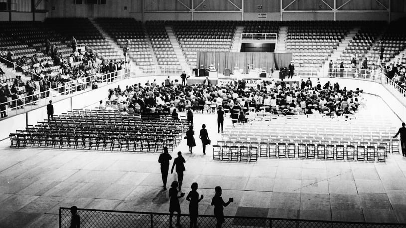 The caption on this photograph published Nov. 14, 1964 in the Dayton Daily News read "Say Chaps, What Do You Suppose Happened To All The People? Hara Arena dwarfs the handful that came to see the Stones." DAYTON DAILY NEWS ARCHIVE