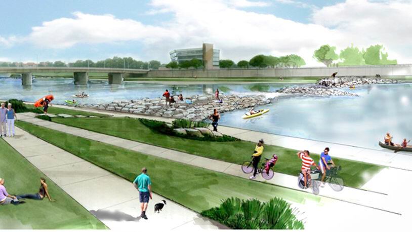An early rendering of Dayton’s $4 million River Run project: This shows one of the drops to be built into the river to provide a challenging area for kayakers and another channel to give other paddlers the ability to navigate the river safely. CONTRIBUTED