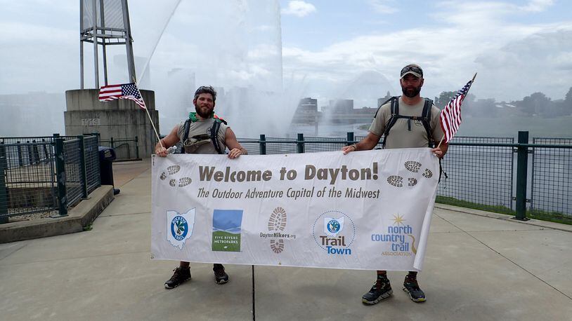 Military veterans Martin Strange (left) and Sterling Deck (right) arrive at Deeds MetroPark on the Buckeye Trail as part of the Warrior Expedition. CONTRIBUTED