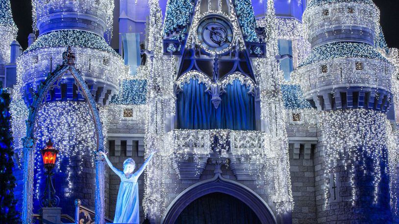 Queen Elsa from “Frozen” uses her incredible powers to transform Cinderella Castle into a glistening ice palace. for the holidays. Joined on the Forecourt stage by Princess Anna, rugged mountain man Kristoff and Olaf, the summer-loving snowman, Elsa bestows this gift onto the people of Magic Kingdom with colorful snowflakes, fireworks and a special effects spectacle bathing the castle in 200,000 shimmering white lights. Magic Kingdom guests are treated nightly to the dramatic “A Frozen Holiday Wish” stage show.