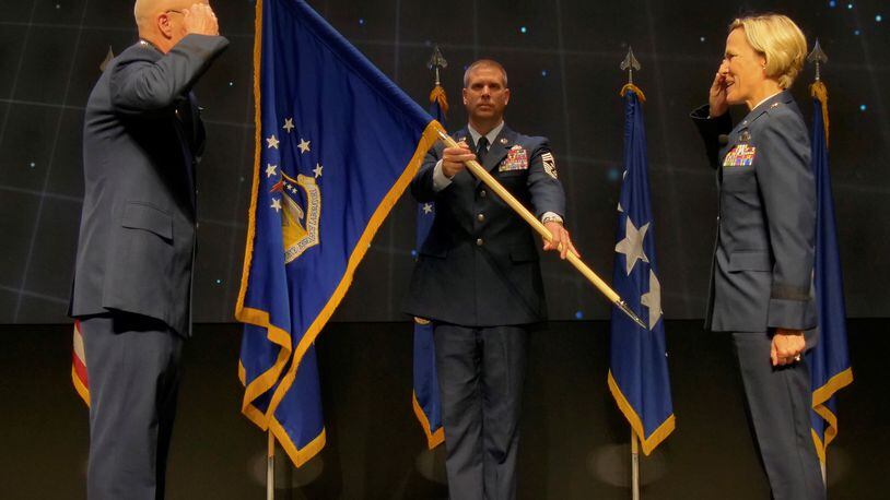 Brig. Gen. Heather Pringle assumes command of the Air Force Research Laboratory at Wright Patterson Air Force Base from Gen. Arnold Bunch Jr., commander, Air Force Materiel Command, Thursday at the Air Force Institute of Technology’s Kenney Hall Auditorium.