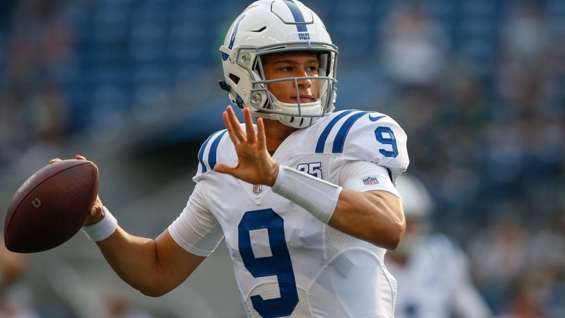 SEATTLE, WA - AUGUST 09: Quarterback Brad Kaaya #9 of the Indianapolis Colts warms up prior to the game against the Seattle Seahawks at CenturyLink Field on August 9, 2018 in Seattle, Washington. (Photo by Otto Greule Jr/Getty Images)