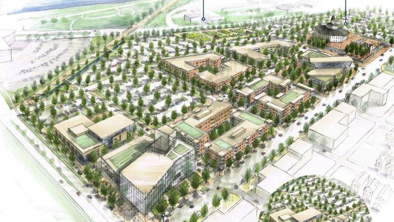 The first phase of onMain will start at Stewart and Main and work inward. A rendering shows what the initial neighborhood could look like. CONTRIBUTED