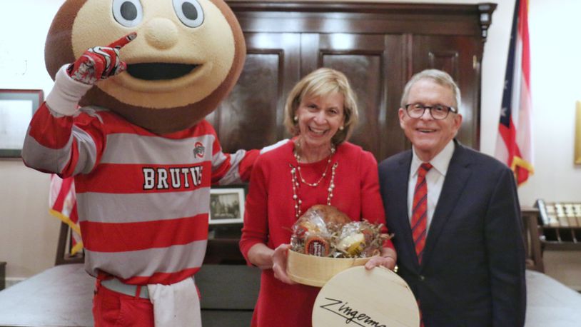 In 2019, Ohio Gov. Mike DeWine collected on a friendly bet with Michigan Gov. Gretchen Whitmer on the outcome of the Ohio State-Michigan game. The payola? A basket of goodies from a famous Ann Arbor deli.