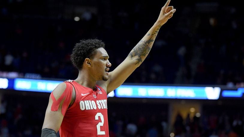 TULSA, OKLAHOMA - MARCH 22: Musa Jallow #2 of the Ohio State Buckeyes celebrates after defeating the Iowa State Cyclones in the first round game of the 2019 NCAA Men’s Basketball Tournament at BOK Center on March 22, 2019 in Tulsa, Oklahoma. (Photo by Harry How/Getty Images)