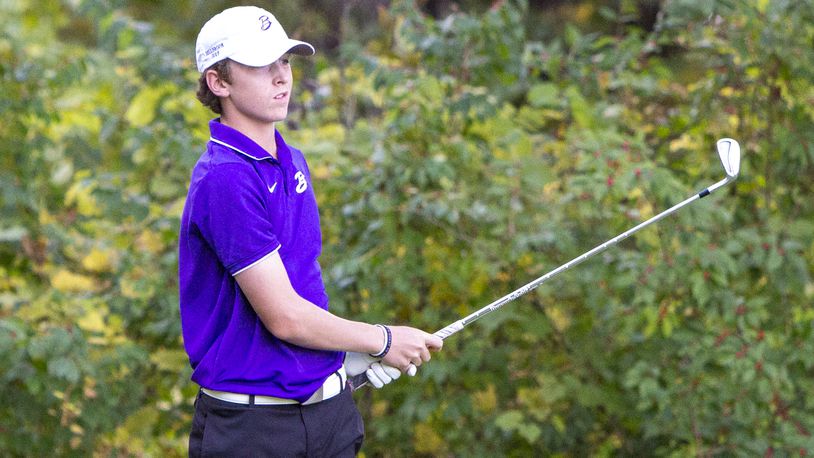 Bellbrook's C.J. Scohy tees off on No. 12 at Heatherwoode on Thursday in the Division I district tournament. Scohy shot a 1-under par 71 to win and advance to the state tournament. CONTRIBUTED/Jeff Gilbert