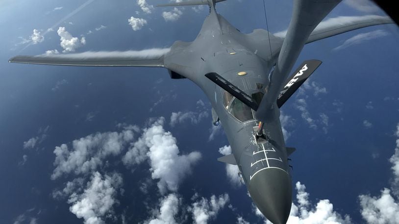 A U.S. Air Force B-1B Lancer assigned to the 37th Expeditionary Bomb Squadron, deployed from Ellsworth Air Force Base, S.D., refuels during a mission from Andersen Air Force Base, Guam, flying in the vicinity of Kyushu, Japan, the East China Sea, and the Korean Peninsula, Aug. 7, 2017.