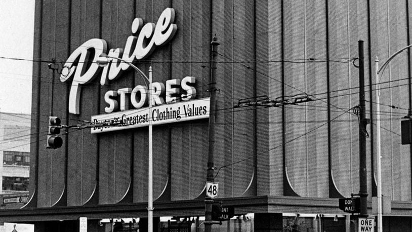 Exterior shot of Price Stores, 1972. At the time of the photo, the building’s old brick exterior had recently been covered with a modern metal facade. The store is at Fourth and Jefferson streets in downtown Dayton. DAYTON DAILY NEWS ARCHIVES
