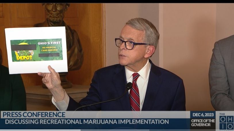 Ohio Gov. Mike DeWine references a Trotwood business as he urges lawmakers to speed up the legal sale of recreational marijuana.