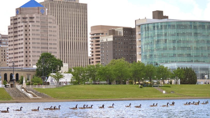 Geese roam along the Great Miami River with the Dayton skyline in the background. STAFF FILE PHOTO
