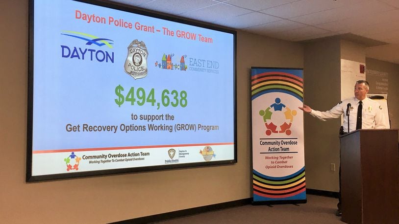 Dayton Police Major Joe Wiesman talks about a Department of Justice grant that will help expand the city’s GROW Team, which responds to drug overdoses and works to connect individuals with treatment. KATIE WEDELL/STAFF
