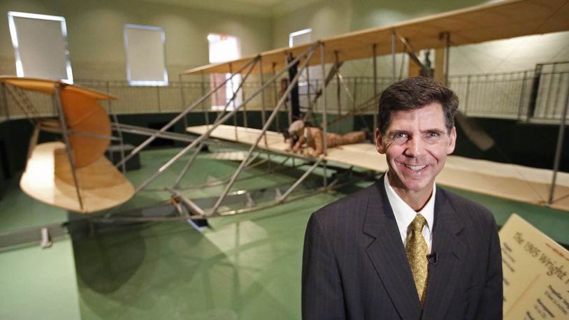 Brady Kress, Dayton History president and chief executive, with an original 1905 Wright Flyer III in a building at Carillon Park designed by Orville Wright. This airplane was flown at Huffman Prairie by the Wrights and is considered the first practical airplane as it was controlled in climb, descent, turn and bank in ever increasing duration. TY GREENLEES / STAFF