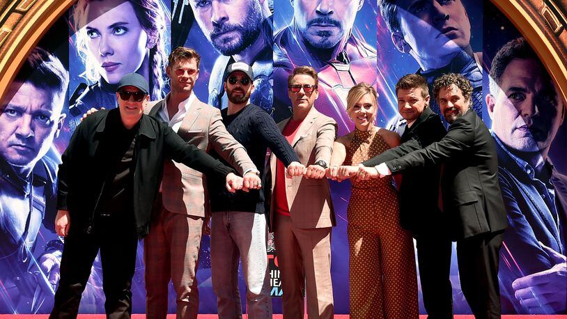 Marvel Studios' "Avengers: Endgame" stars President of Marvel Studios/Producer Kevin Feige, Chris Hemsworth, Chris Evans, Robert Downey Jr., Scarlett Johansson, Jeremy Renner and Mark Ruffalo at the Hand And Footprint Ceremony at the TCL Chinese Theatre on April 23, 2019 in Hollywood, California.