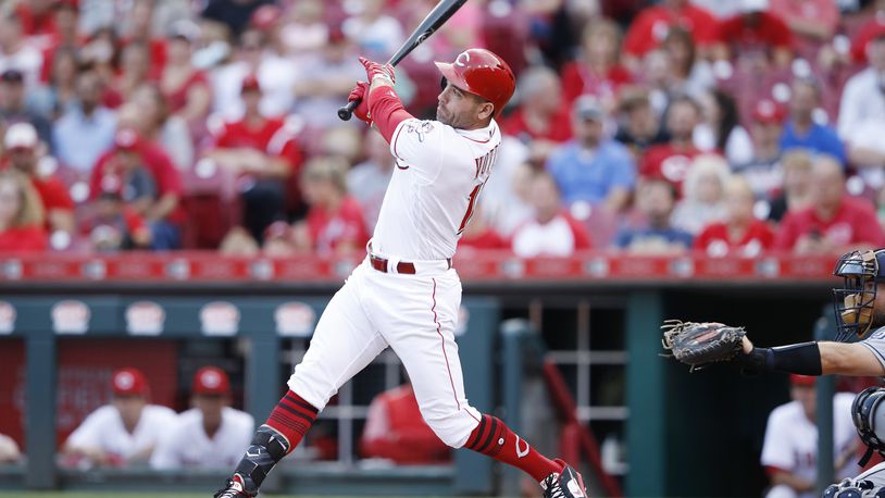 CINCINNATI, OH - AUGUST 07: Joey Votto #19 of the Cincinnati Reds singles to right field to drive in a run in the first inning of a game against the San Diego Padres at Great American Ball Park on August 7, 2017 in Cincinnati, Ohio. (Photo by Joe Robbins/Getty Images)