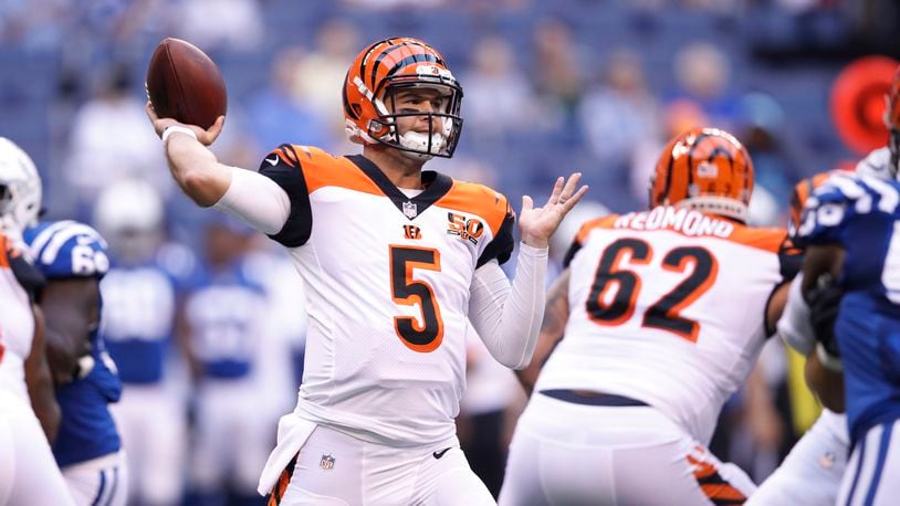 INDIANAPOLIS, IN - AUGUST 31: AJ McCarron #5 of the Cincinnati Bengals throws a pass in the first half of a preseason game against the Indianapolis Colts at Lucas Oil Stadium on August 31, 2017 in Indianapolis, Indiana. (Photo by Joe Robbins/Getty Images)