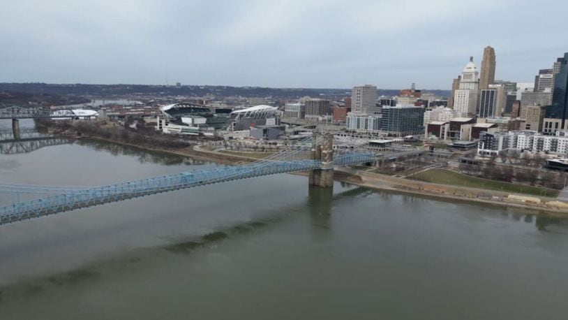 The Ohio River is seen by looking at Cincinnati from Covington, Ky.  Greater Cincinnati Water Works closed Cincinnati's water intake in the Ohio River ahead of anticipated contaminated water from the East Palestine train derailment, the agency announced. MADDY SCHMIDT/WCPO