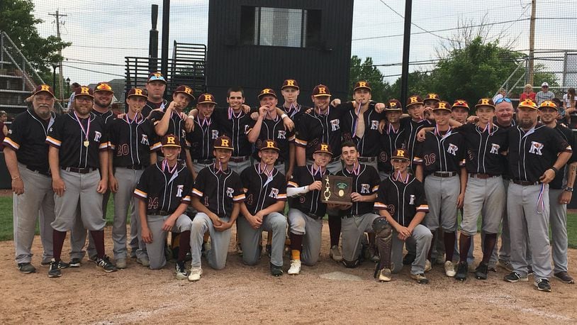 The Ross Rams pose with their hardware Monday at Mason after beating Tippecanoe 6-3 to repeat as Division II district champions. RICK CASSANO/STAFF