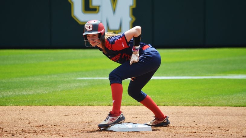 Emma Schutter, of Dayton softball, stands on second base during a game against Saint Louis in the A-10 tournament on May 11 in Fairfax, Va. Photo by Jenna Wilhoit