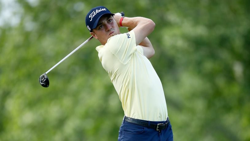 DUBLIN, OH - MAY 30: Justin Thomas hits his tee shot on the fifth hole during the Pro-Am of The Memorial Tournament Presented By Nationwide at Muirfield Village Golf Club on May 30, 2018 in Dublin, Ohio. (Photo by Andy Lyons/Getty Images)