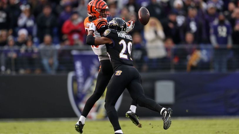 BALTIMORE, MD - NOVEMBER 18: Cornerback Marlon Humphrey #29 of the Baltimore Ravens breaks up a pass intended for wide receiver Cody Core #16 of the Cincinnati Bengals in the fourth quarter at M&T Bank Stadium on November 18, 2018 in Baltimore, Maryland. (Photo by Patrick Smith/Getty Images)