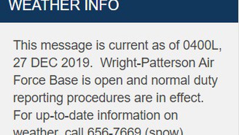 On the Wright-Patterson Air Force Base website, the most recent weather alerts can be found on the top right side of the home page. (File graphic)