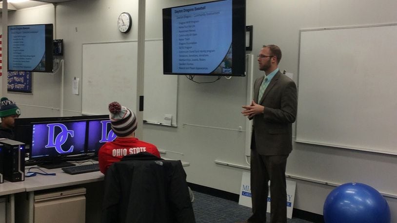 Trafton Eutsler, the Director of Season Ticket Sales for the Dayton Dragons, spoke to the students in Dec. about his role with the Dayton Dragons, the team’s influence on the city of Dayton, and how students can gain a job in the sports industry. SUBMITTED