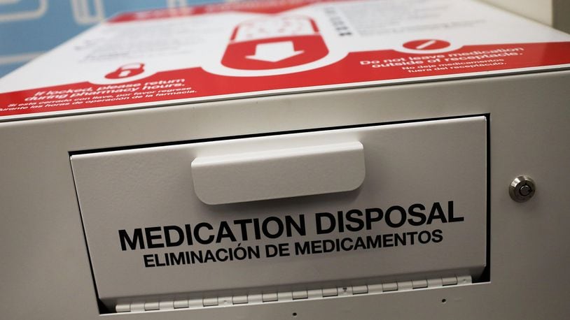 A medication disposal box is seen, where people can drop off their expired, unused or unwanted medications for safe disposal located in the CVS pharmacy on October 4, 2018 in Miami, Florida.