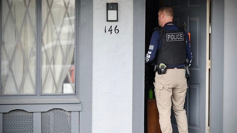 Police force guests at the Rodeway Inn, 185 Byers Road, Miamisburg, to pack up and leave Monday, Oct. 30, 2023. The city of Miamisburg got a court order to shutter the motel, citing drugs and crime. MARSHALL GORBY / STAFF