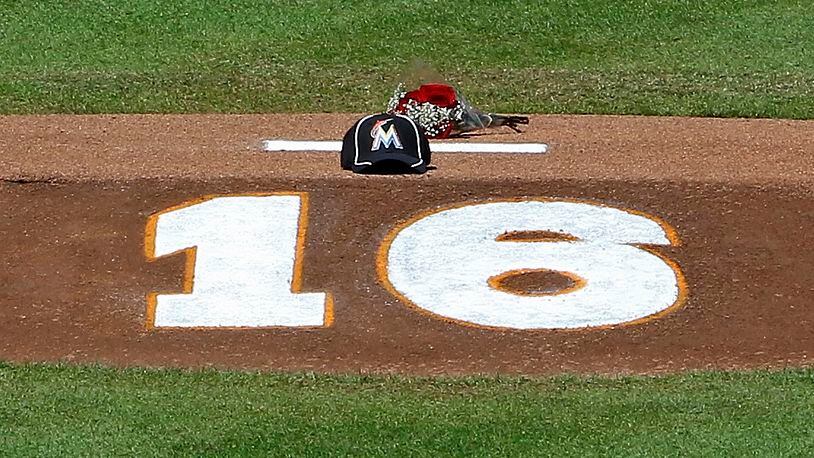 Flowers, a hat and the number of Miami Marlins pitcher Jose Fernandez is shown on the pitching mound at Marlins Park on September 25, 2016 in Miami. Fernandez died in a boating accident. (Photo by Joe Skipper/Getty Images)