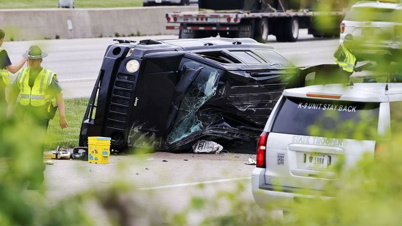 Two people were taken to Atrium Medical Center following a two-vehicle crash Friday, May 3, 2024, on the exit ramp to state Route 63 from northbound Interstate 75 in Monroe. NICK GRAHAM/STAFF