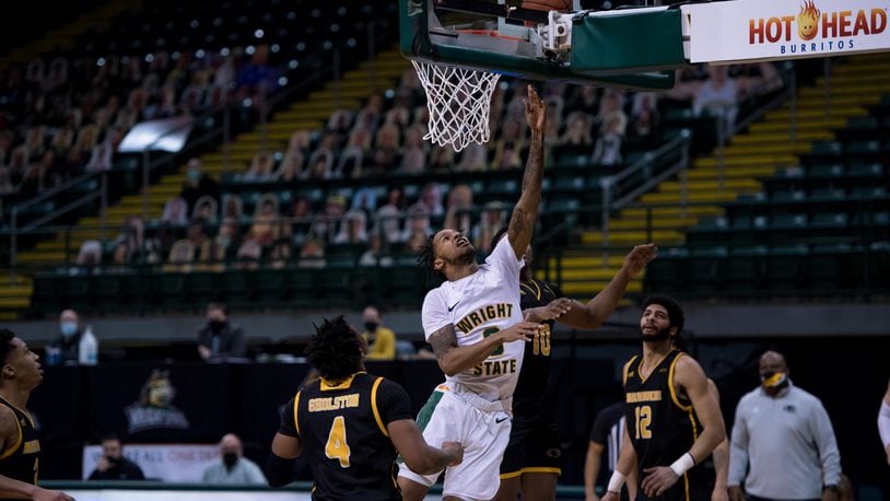 Wright State's Jaylon Hall scores during Saturday's win over Milwaukee at the Nutter Center. Josephn Craven/Wright State Athletics