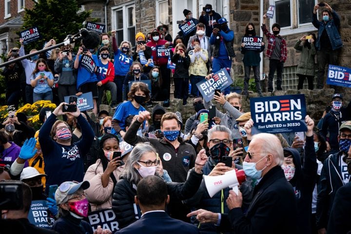 Democratic presidential nominee Joe Biden speaks to supporters on Election Day in Philadelphia, Nov. 3, 2020. Biden has spent his career devoted to institutions and relationships. And those are the tools he will rely on to govern a fractured nation. (Erin Schaff/The New York Times)