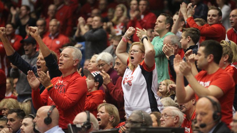 Fans of the Dayton Flyers cheer during a game against Virginia Commonwealth on March 1, 2017, at UD Arena.