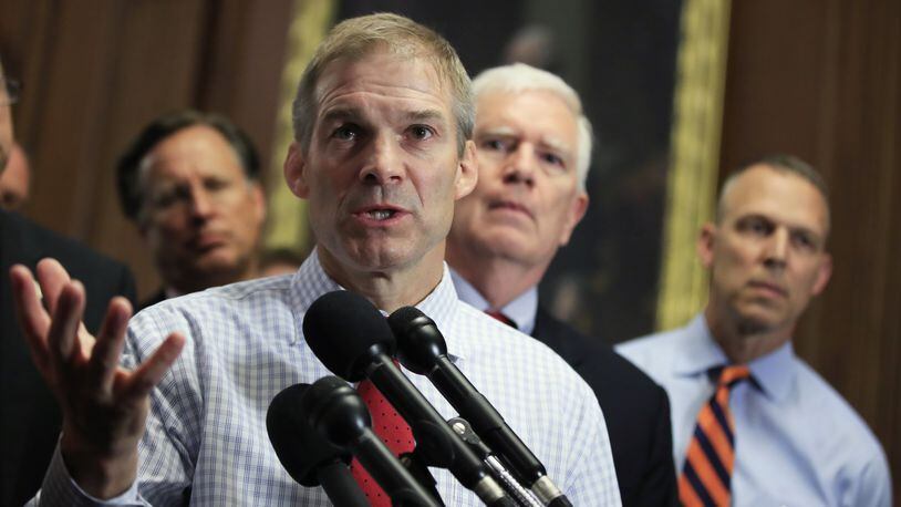 Freedom Caucus former Chairman Rep. Jim Jordan, R-Ohio, speaks to reporters during a news conference on Capitol Hill in Washington, Wednesday, July 19, 2017. (AP Photo/Manuel Balce Ceneta)