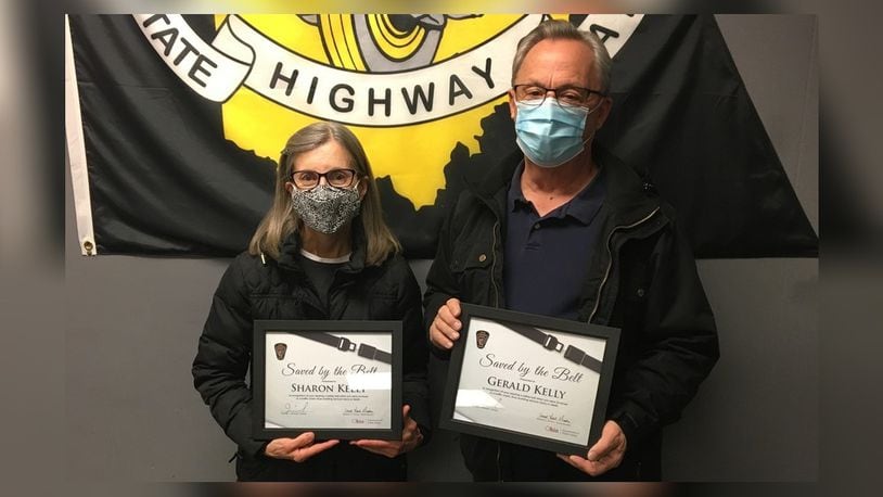 Gerald and Sharon Kelly of Waynesville were presented "Saved by the Belt" certificates Dec. 30, 2020, by the Ohio Department of Public Safety after their seat belts saved their lives in an Aug. 8, 2020, crash on state Route 73 in Warren County.