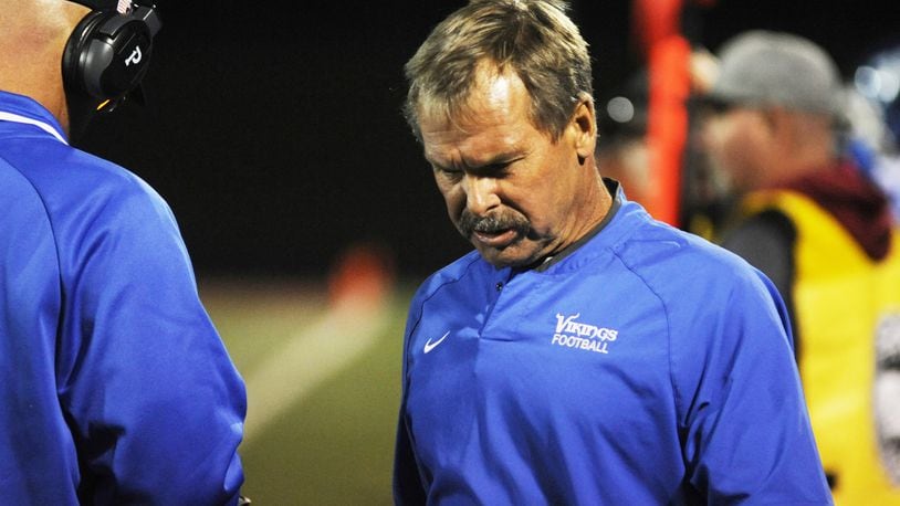Steve Channell, shown during the 2018 season, resigned as the Miamisburg High School football coach in December 2018. MARC PENDLETON / STAFF