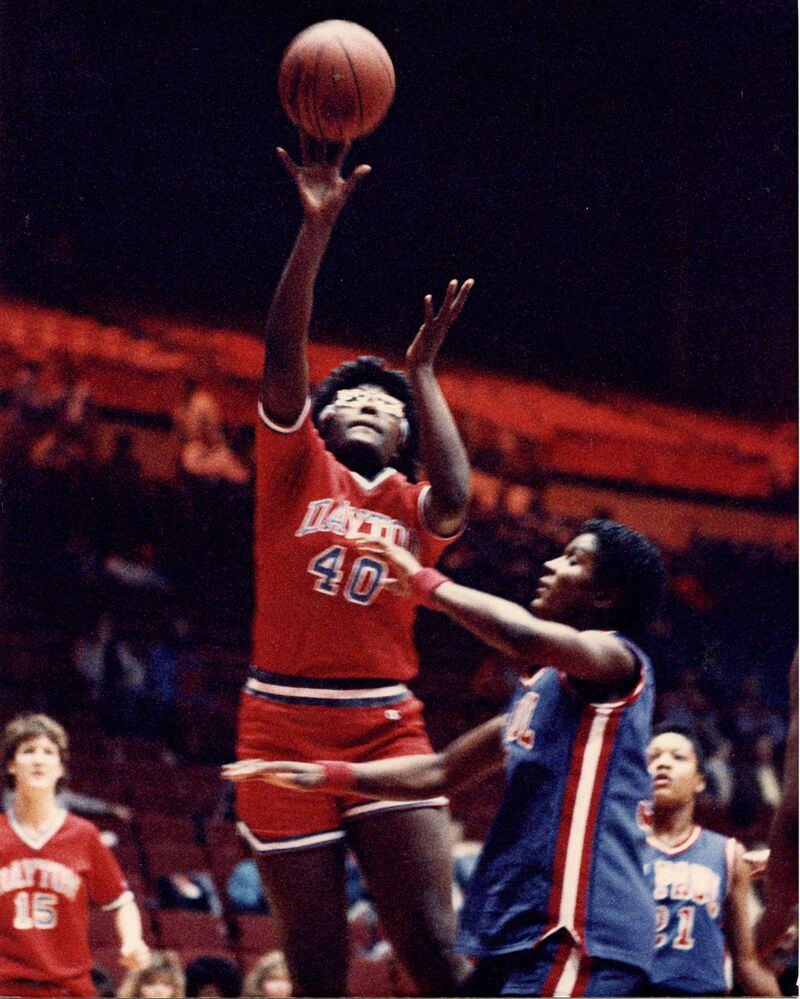 Tobette Pleasant, the Dayton Flyers’ 5-foot-10 post player, scores against DePaul. (CONTRIBUTED PHOTO