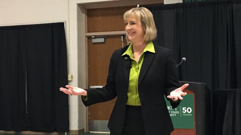 Cheryl Schrader, the third and final presidential candidate to visit Wright State University, speaks at a forum in the student union on campus Wednesday. Schrader is chancellor of the Missouri University of Science and Technology.