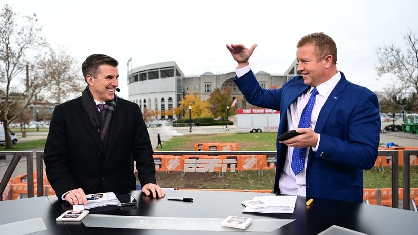 Columbus, OH - November 19, 2021 - Ohio State University: Rece Davis and Kirk Herbstreit on the set of College GameDay Built by the Home Depot.(Photo by Phil Ellsworth / ESPN Images)
