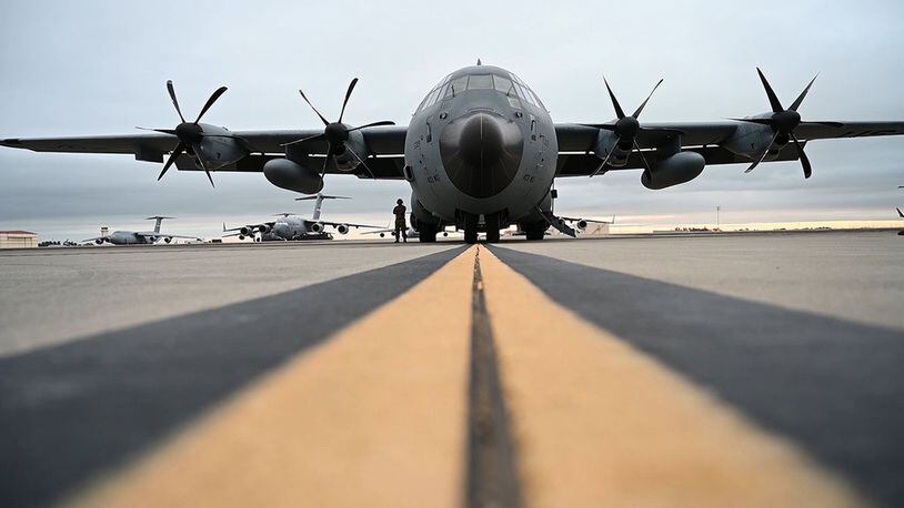 A WC-130J Super Hercules from the 53rd Weather Reconnaissance Squadron sits on the flightline prior to an atmospheric river mission Jan. 28 at Travis Air Force Base, Calif. (U.S. Air Force photo/Airman 1st Class Karla Parra)