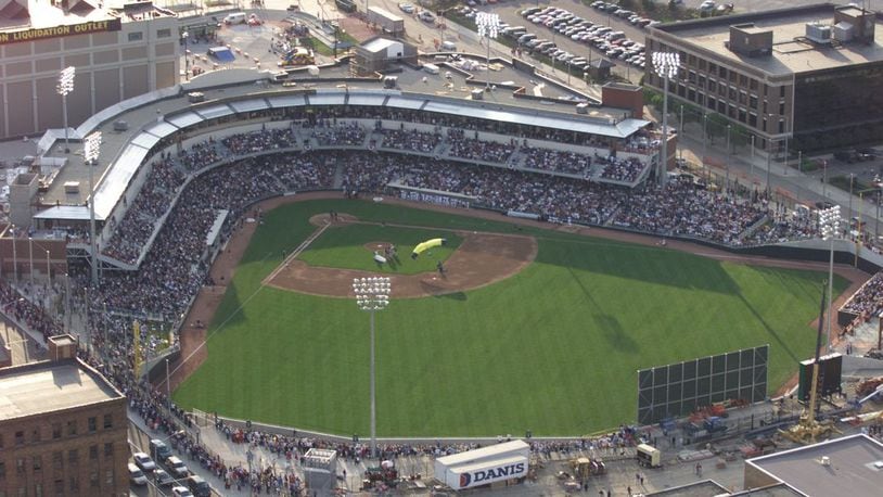 An aerial view of what was then Fifth Third Field on the Dayton Dragons’ opening night, April 27, 2000.
