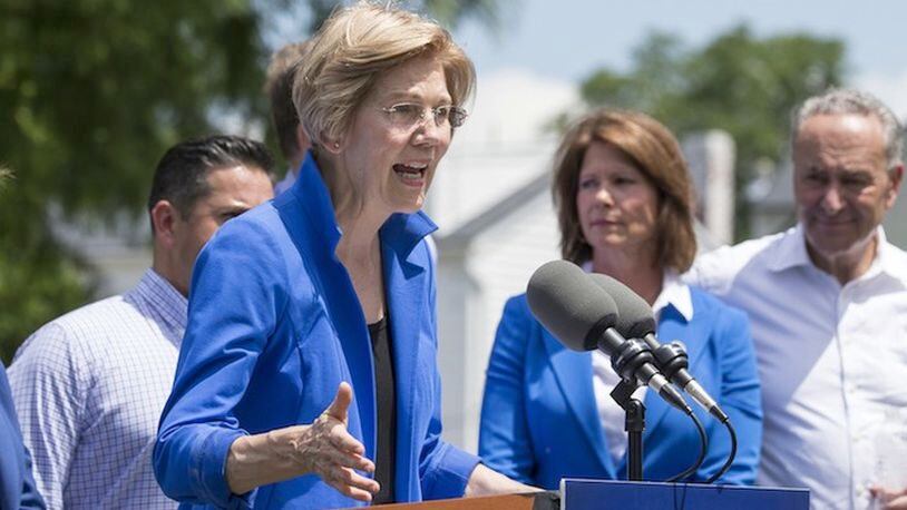 Sen. Elizabeth Warren (D-Mass.) speaks at a press conference alongside the Congressional Democratic Leadership as they introduce "A Better Deal: Better Jobs, Better Wages, Better Future," their new economic agenda, on July 24, 2017 at Rose Hill Park in Berryville, Va. (Alex Edelman/Zuma Press/TNS)