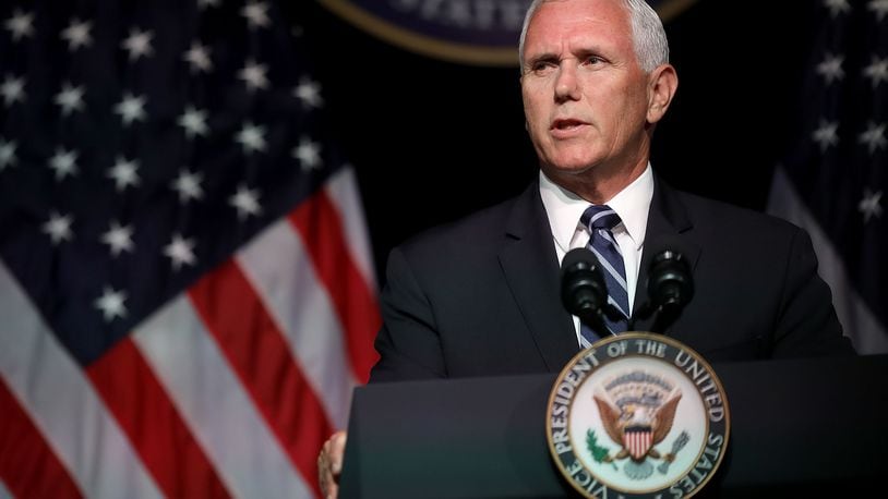 U.S. Vice President Mike Pence announces the Trump Administration’s plan to create the U.S. Space Force by 2020 during a speech at the Pentagon August 9, 2018 in Arlington, Virginia. Describing space as adversarial and crowded and citing threats from China and Russia, Pence said the new Space Force would be a separate, sixth branch of the military. (Photo by Chip Somodevilla/Getty Images)