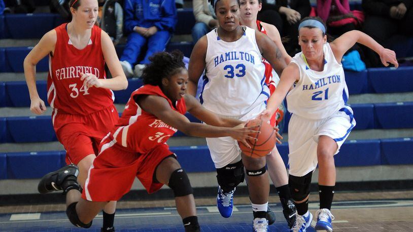 Fairfield’s Raeshaun Gaffney (30) chases the ball during a game at Hamilton on Jan. 8, 2011. JOURNAL-NEWS FILE PHOTO