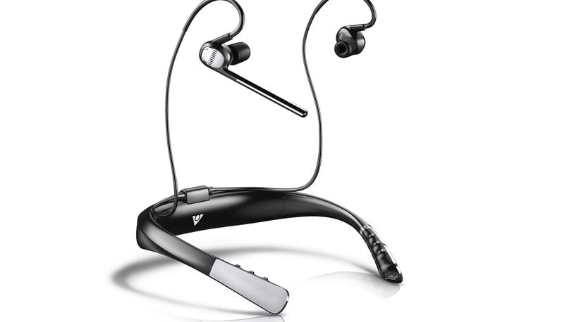 For handsfree calls, ONvocal s OV wearable headphone assistant s directional microphone is built into a small arm boom, which extends from the right earbuds. (Handout/TNS)